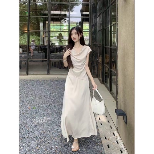 2024 Summer Wasteland Style Irregular Light Luxurious Satin Swing Collar Pleated Top High Waist Covered Hip Skirt Two-piece Set