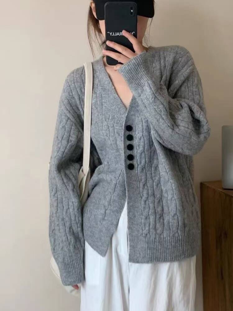 NSSA twist cardigan jacket knitted sweater outer layer for women in autumn and winter lazy style loose retro wool V-neck