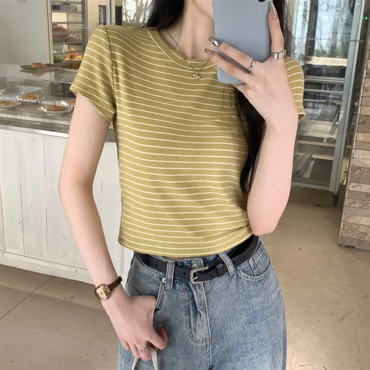 實拍 夏季韓版正肩復古撞色條紋百搭純棉短袖T恤上衣女
