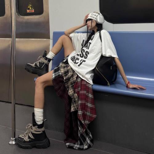 Han Haotian WARDEN EDGE rebellious melody spliced ​​plaid skirt women's design irregular hot girl skirt