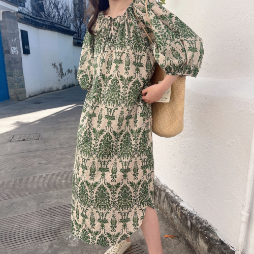 Korean chic summer retro elegant round neck full screen floral lace loose lantern sleeve dress long skirt plus size