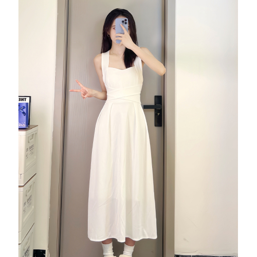 French temperament white dress for women summer new style cross strap high-end niche suspender waist slim long skirt