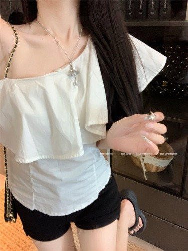 Real shot of slanted shoulder asymmetrical design shirt for women, summer collarbone ruffled top