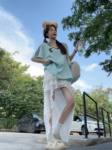 Actual shot ~ Casual loose jersey T-shirt with irregular design high waist satin polka dot skirt suit summer