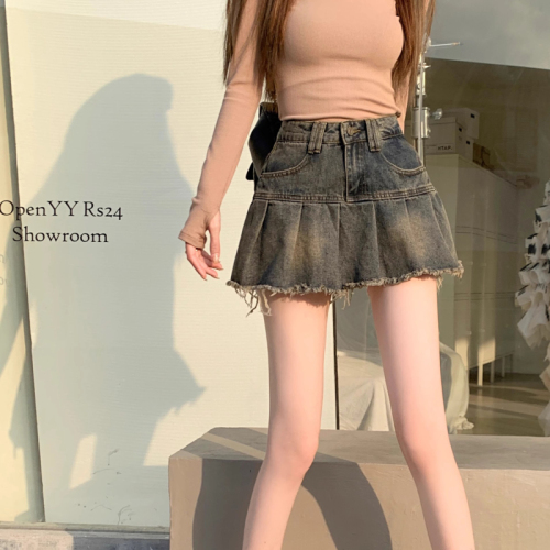 Retro Distressed Denim Half-Body Skirt for Women - Summer New Arrival, Washed and Vintage Design, High-Waisted to Cover Hips, Slimming Pleated Mini Skirt