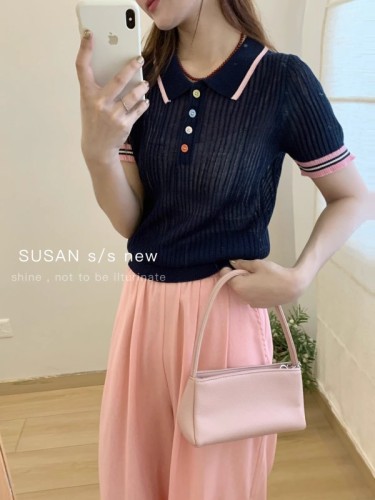 Summer new fashionable casual all-match Polo collar ice silk color buckle contrasting color sweater