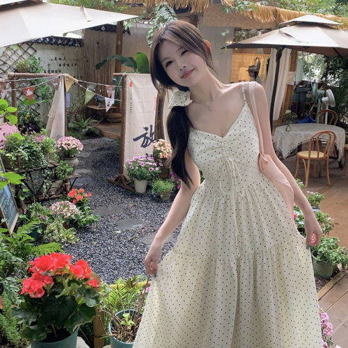 Polka-dot suspender skirt with inner dress for women 2024 summer new style waist slimming straps pleated printed long skirt