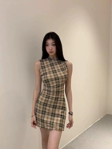 Lilo Long Island Love Letter Versatile Plaid Sleeveless Dress Women's Summer Temperament Cool Slim Retro Skirt