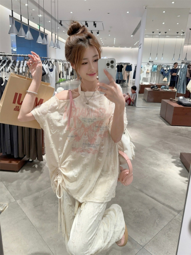 Original fabric Summer new women's Korean style bow print drawstring off-shoulder short-sleeved sun protection T-shirt