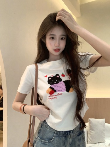 Real shot 1*1 threaded 210g short-sleeved T-shirt summer trend printed shoulder slim short round neck top for women