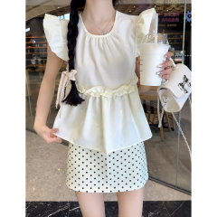 French flying sleeve shirt for women, sweet ruffled babydoll shirt, patchwork lace vest for women, summer loose round neck top