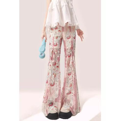 Sweet, fresh, floral, micro-flare casual pants, elastic waist, versatile trousers, slim, fashionable, wide-leg floor-length pants, trendy