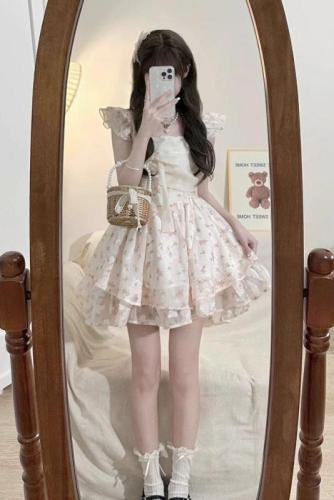 French sweet pure lust style small flying sleeves bow floral dress female petite fugitive princess tutu skirt summer