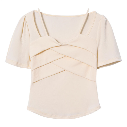 40 pieces Modal 260g Cotton Blends V-Neck Short-Sleeve Trendy Design Distinctive Fitted Top