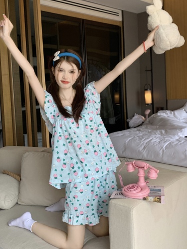 Real shot of sweet strawberry short-sleeved pajamas for female Internet celebrity princess style cute girl home clothes two-piece suit