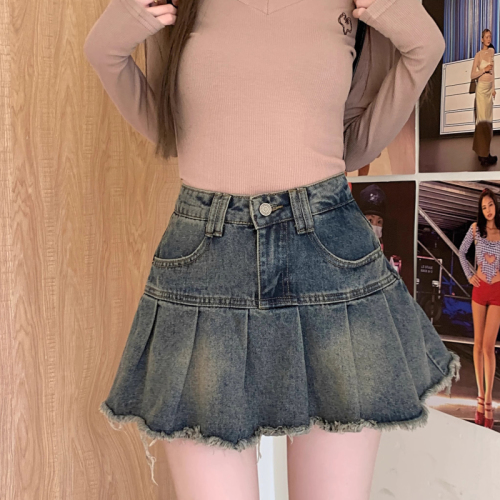 Retro Distressed Denim Half-Body Skirt for Women - Summer New Arrival, Washed and Vintage Design, High-Waisted to Cover Hips, Slimming Pleated Mini Skirt