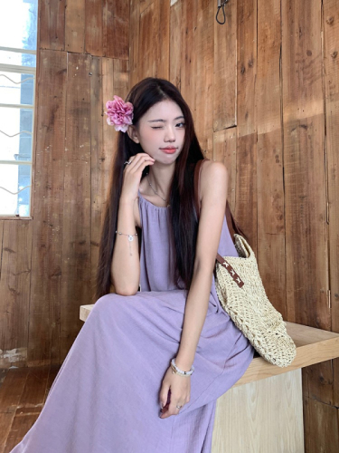 French first love gentle purple halterneck suspender dress summer women's holiday style loose slimming A-line long skirt