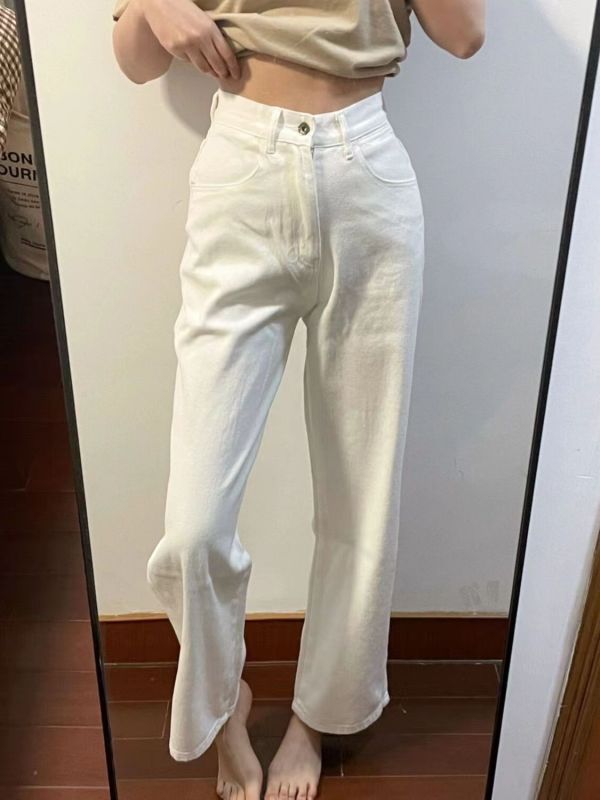 Ready stock ~ white straight jeans for women, spring and autumn new high-waist slim wide-leg pants high street ins trend