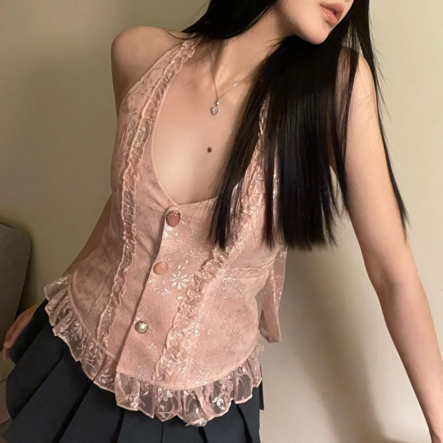 復古浪漫粉色重工朋克甜心蕾絲定製掛脖系帶背心純欲女上衣
