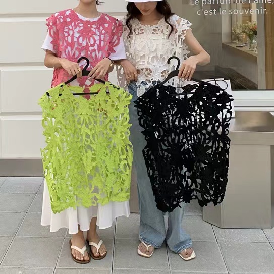 2024夏季新款無袖背心女刺繡花朵鏤空鈎花設計感小眾別致外搭罩衫
