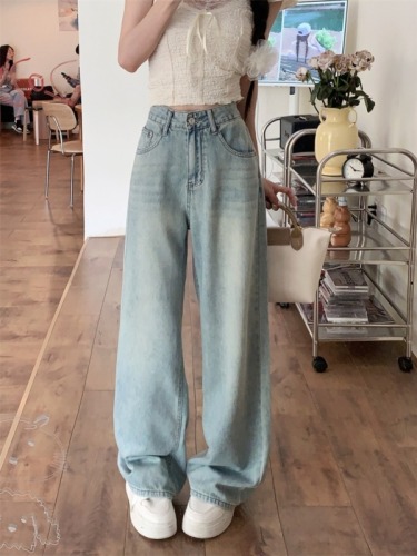 Large size stylish embroidered floral butterfly leather brand jeans washed retro straight wide leg floor mopping pants