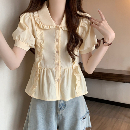 Real shot French sweet design fungus-shaped baby collar short-sleeved shirt for women summer new puff-sleeved top