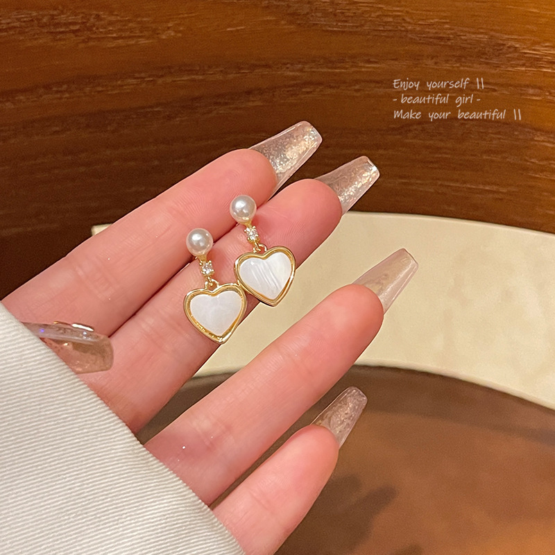 S925銀針輕奢小眾愛心耳環女ins潮百搭氣質簡約珍珠耳釘耳飾