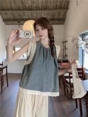 Retro French lace splicing sleeveless denim vest, chic top, elegant high-waisted slimming casual pants two-piece set