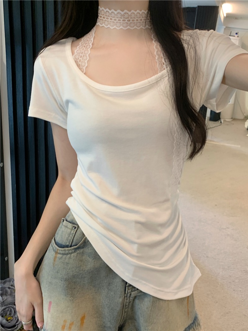 實拍 真 夏季新款掛脖蕾絲設計感短袖T恤不規則上衣女