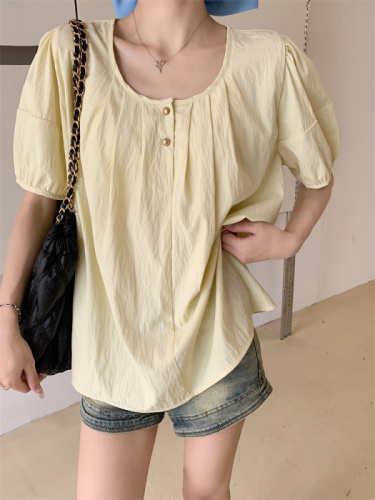 66335 Real shot of large size puff sleeve short top for women summer French chic babydoll short sleeve shirt