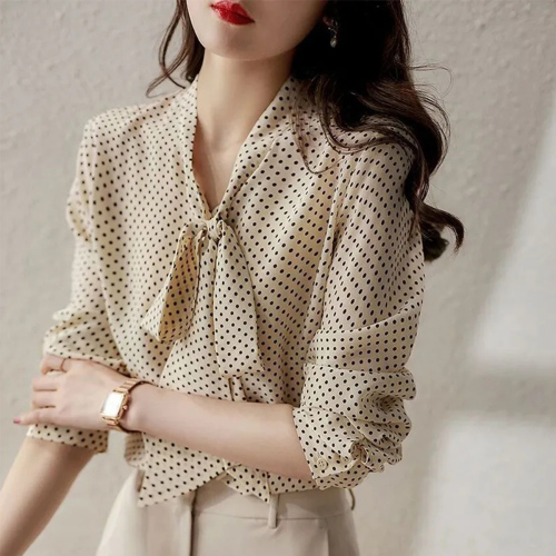 Quality inspector picture 2024 spring and autumn new style blouse women's polka dot shirt collar bow tie long sleeve one button cardigan top 