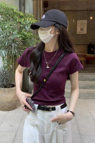 Real shot summer Korean version round neck shoulder insertion slimming slim pure color versatile pure cotton short-sleeved shirt for women