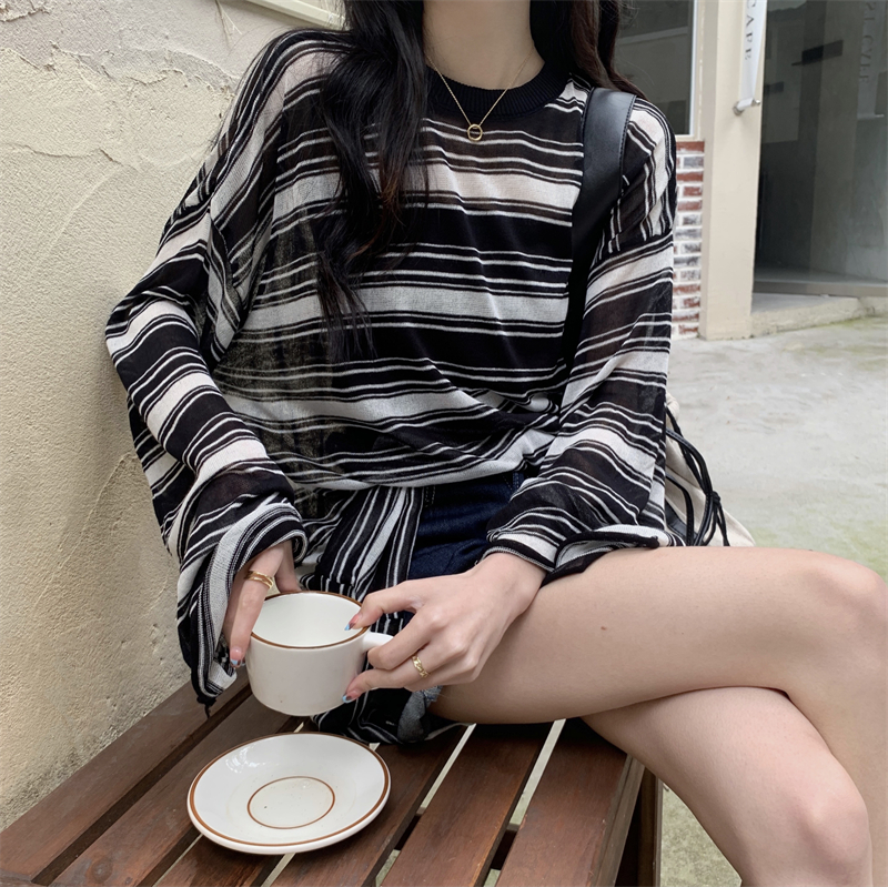 實拍 真  春夏新款寬鬆條紋薄款T恤防曬針織衫
