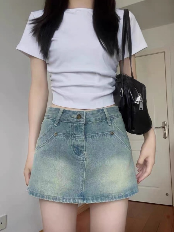 High-waisted denim skirt skirt for women 2024 new summer style slimming hot girl small A-line skirt pants hip-covering short skirt