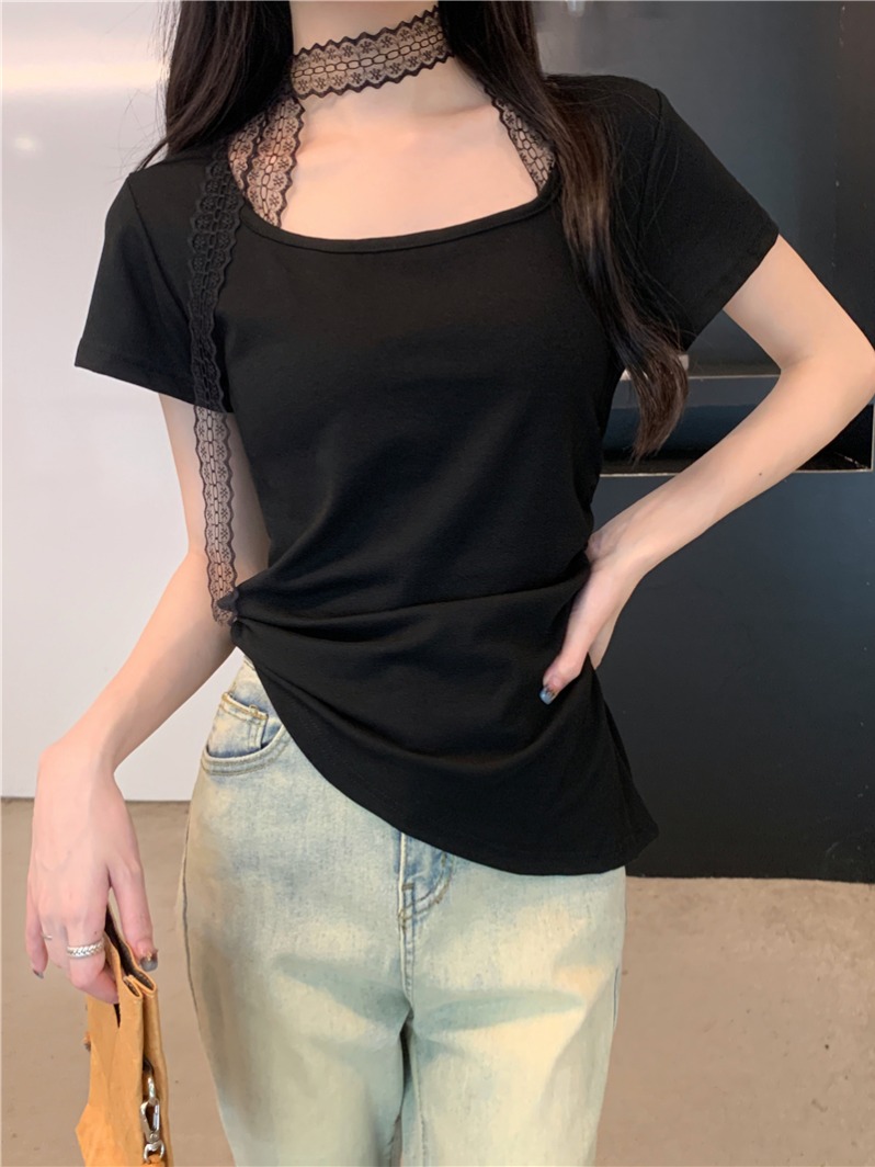 實拍 真 夏季新款掛脖蕾絲設計感短袖T恤不規則上衣