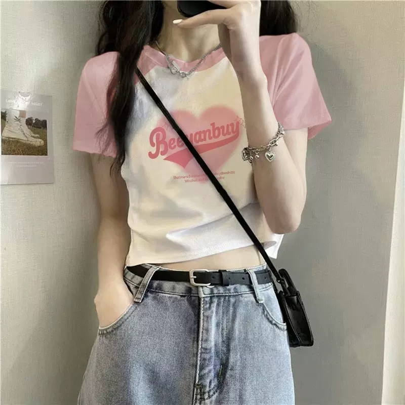 Pure cotton 220g pink right shoulder short sleeve T-shirt dopamine girl outfit sweet cool hot girl tight short top