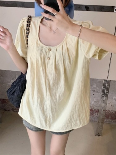 66335 Real shot of large size puff sleeve short top for women summer French chic babydoll short sleeve shirt