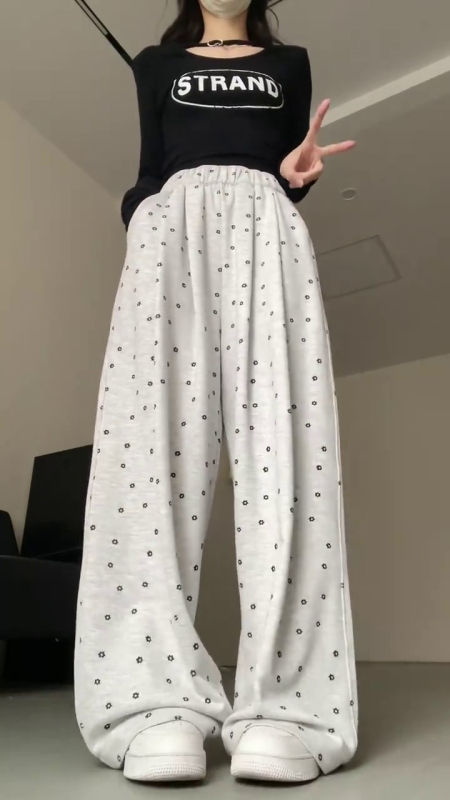 American Retro White Gray Floral Wide Leg Casual Pants Women's High Waist Summer Straight Leg Loose Sports Pants