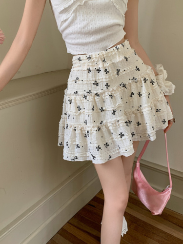 Lace bow age-reducing cake skirt for women summer design elastic waist anti-exposure A-line short skirt