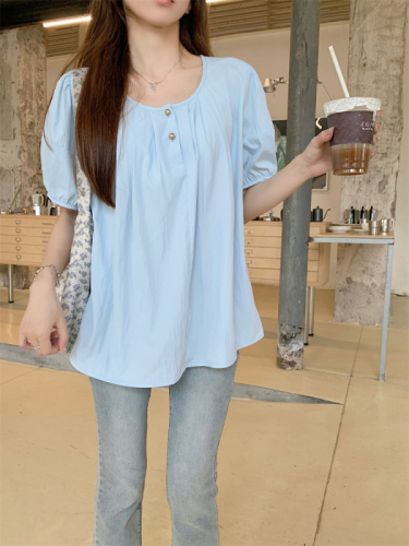 66335 Real shot of large size puff sleeve short top for women summer French chic babydoll short sleeve shirt