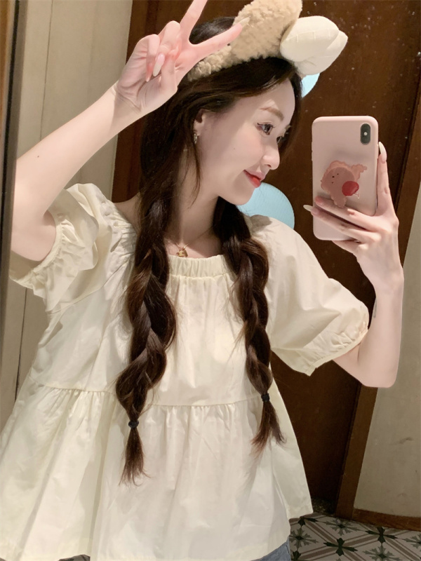 Actual shot and real price simple basic elastic square collar solid color baby doll shirt