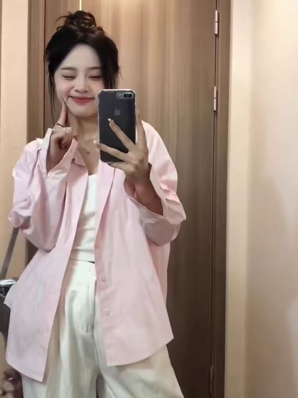 Japanese pink shirt jacket for women spring and autumn 2024 early spring loose lazy style niche long-sleeved top