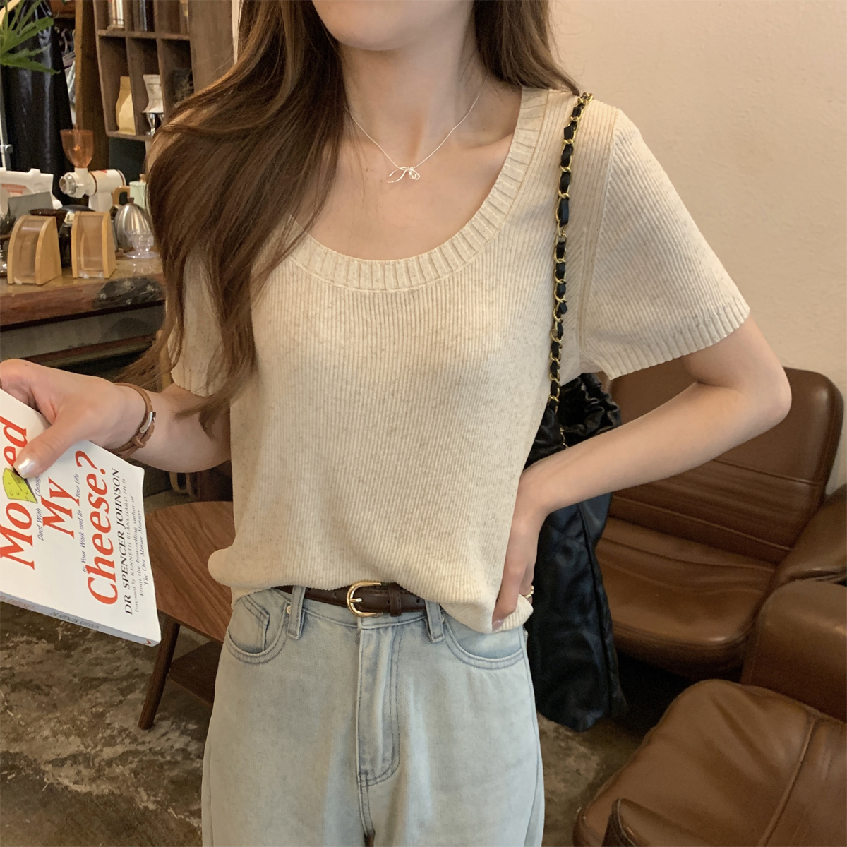 Photographed Summer Korean-style loose square collar temperament linen versatile knit top short-sleeved shirt