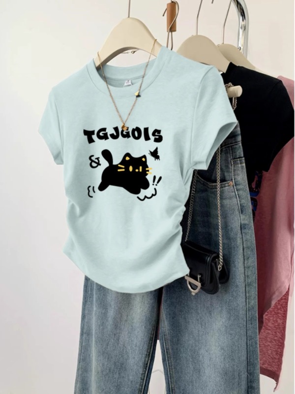 Pure cotton 220g Man wave mint green top women's short-sleeved T-shirt fashionable and versatile 2024 summer new style