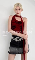 BOCOSY2024原創2024夏季高街辣妹塗鴉印花單肩彈力背心上衣女