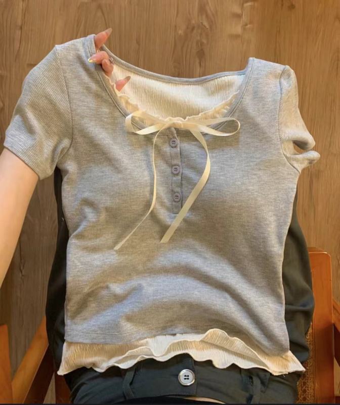 Official photo Pure desire ballet style fake two-piece short-sleeved T-shirt with breast pads for women with design sense niche hot girl tops