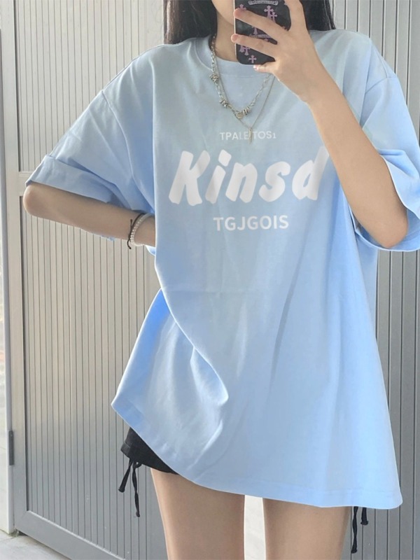 Pure cotton 220g milk blue American oversize short-sleeved t-shirt for women 2024 summer loose loose retro top