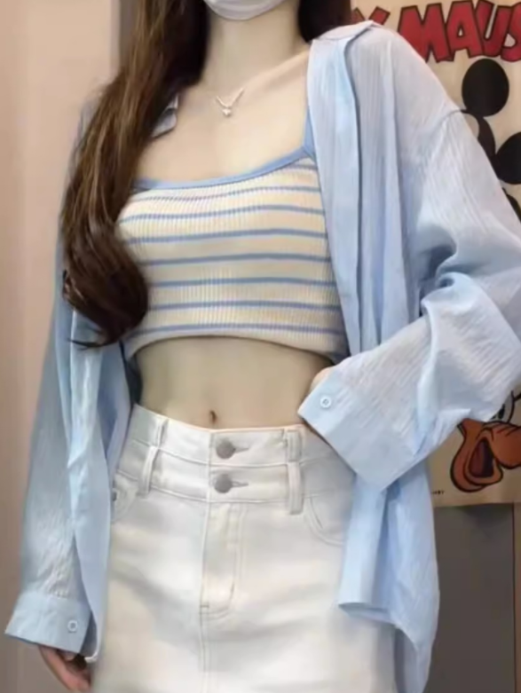 Original fabric blue ice silk sun protection clothing long-sleeved shirt summer air-conditioned shirt design lace-up cardigan shirt