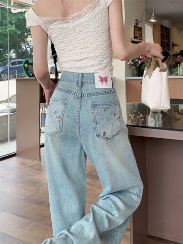 Large size stylish embroidered floral butterfly leather brand jeans washed retro straight wide leg floor mopping pants