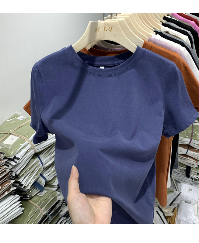 Solid color high-quality right shoulder pure cotton short-sleeved T-shirt for women, slim fit summer versatile round neck top trendy